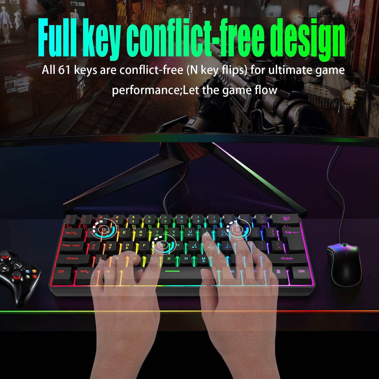 61 Key K401 for PC Laptop Desktop Wired Gaming Film Keyboard RGB Illuminated Keyboard 60% PC Gaming Keys