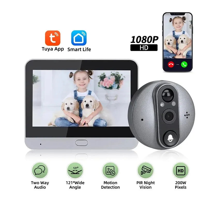 Smart Tuya 1080P WiFi Door Bell Eye Peephole Camera 5000mAh Audio 4.3' PIR FHD Infrared Alexa Google Announcement Digital Viewer