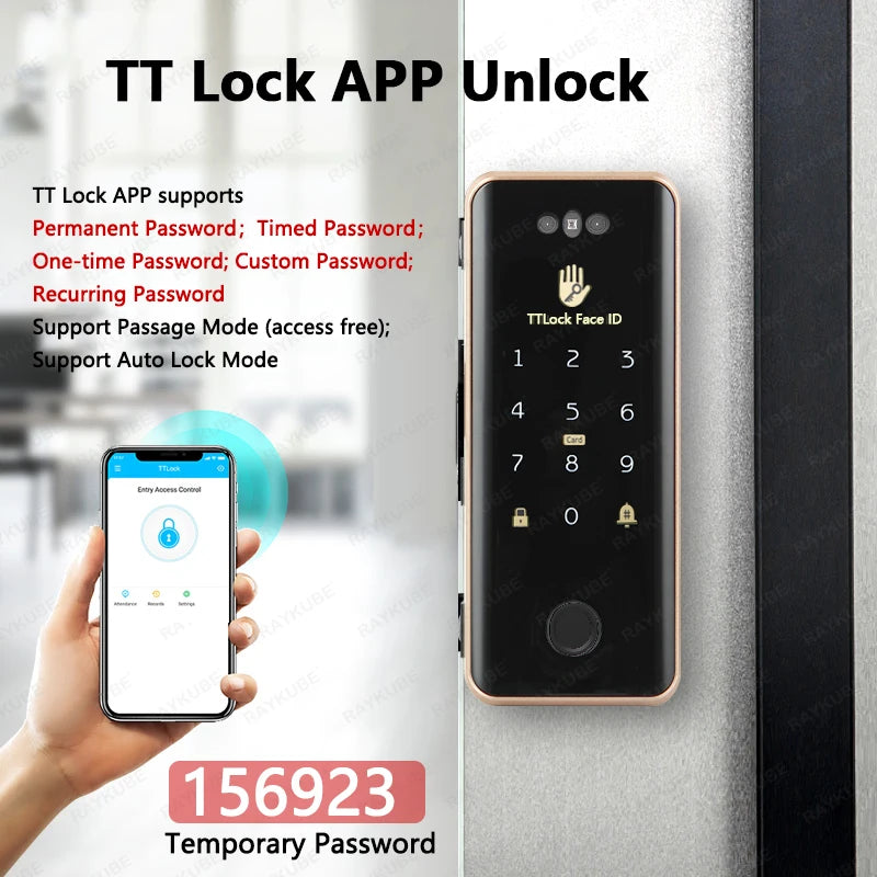 RAYKUBE FS1 TT Lock 3D Face Recognition Smart Lock With Half-circle Hook Biometric Electronic Fingerprint Unlock Glass Door Lock