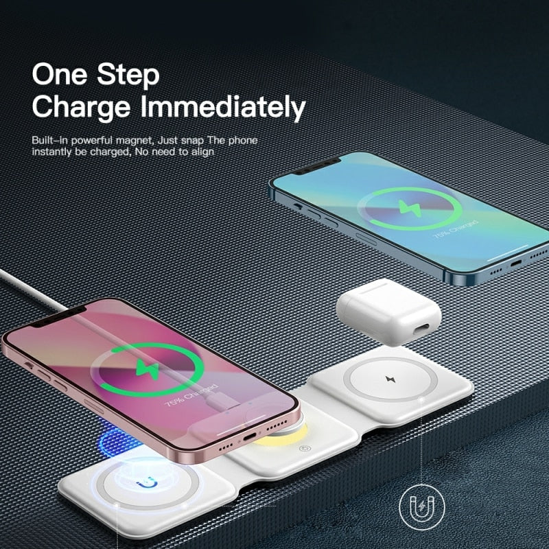 Essager 3 in 1 Magnetic 15W Qi Wireless Charger Foldable Charger Stand For iPhone 13 12 /Airpod /IWatch 7 6 Xiaomi Fast Charging