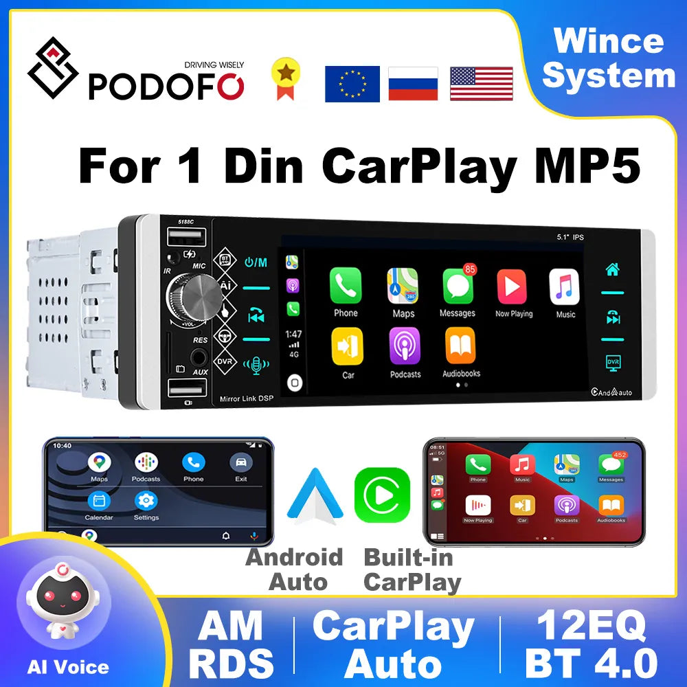 Podofo 1 Din CarPlay MP5 Player 5.1'' Car Radio Android Auto Stereo Receiver AI Voice MP3 Car Multimedia Player Bluetooth FM RDS