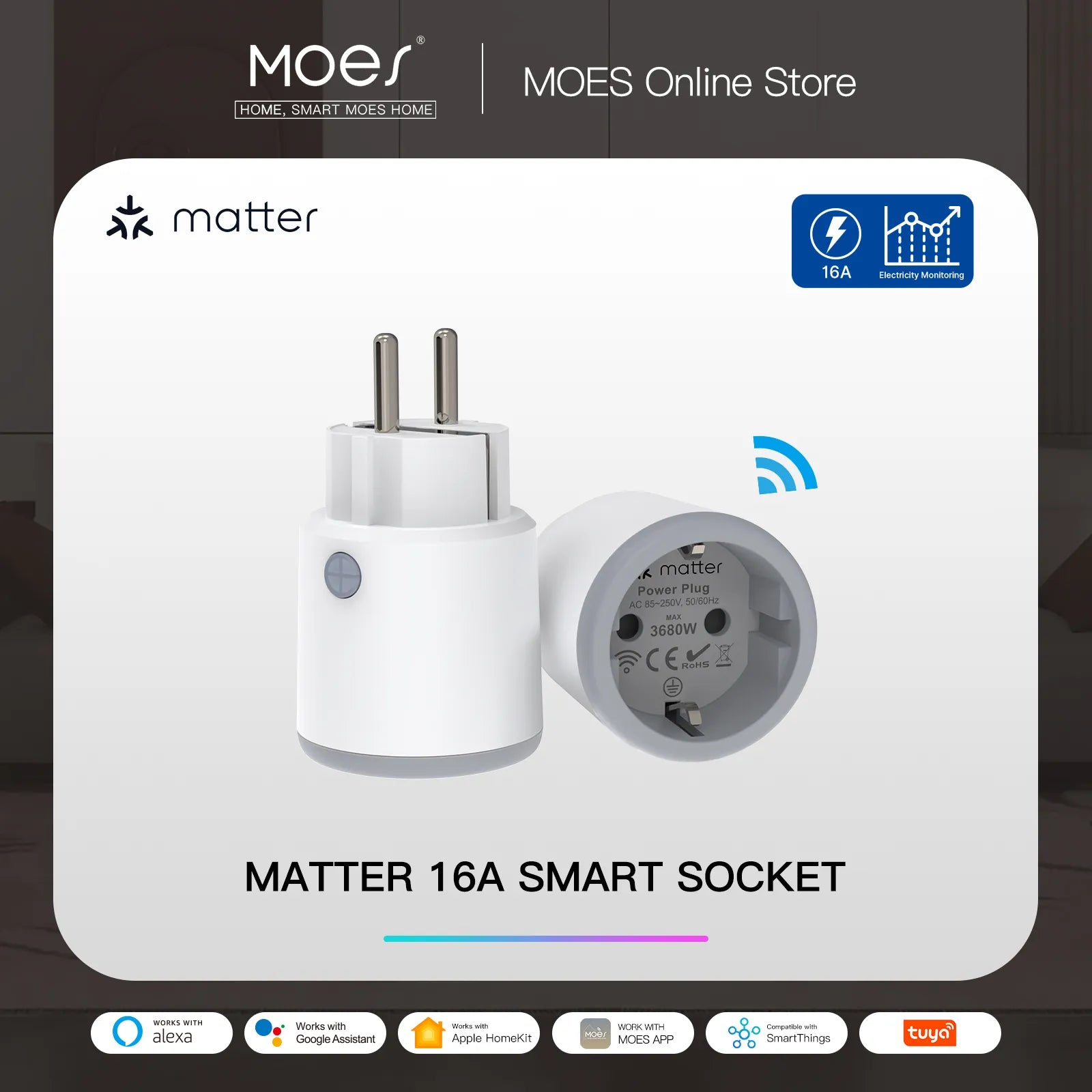 MOES Smart Plug Matter Wi-Fi Socket 16A Smart Timer Outlet Power Monitor Support TUYA  Apple Homekit Work With Google Home Alexa