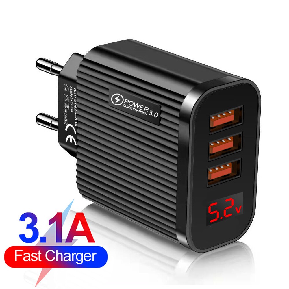 3 Ports USB Quick Charging 3.0 Wall Charger Cell Phone Fast Charging Mobile Phone Adapter with LED Digital Display for iPhone