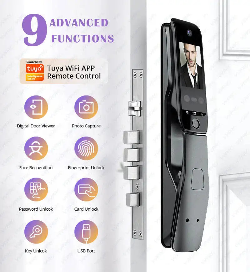 WiFi Tuya APP Dual Screen  3D Face Recognition Smart Door Lock Voice Intercom High Quanlity With Camera Automatic Door Lock