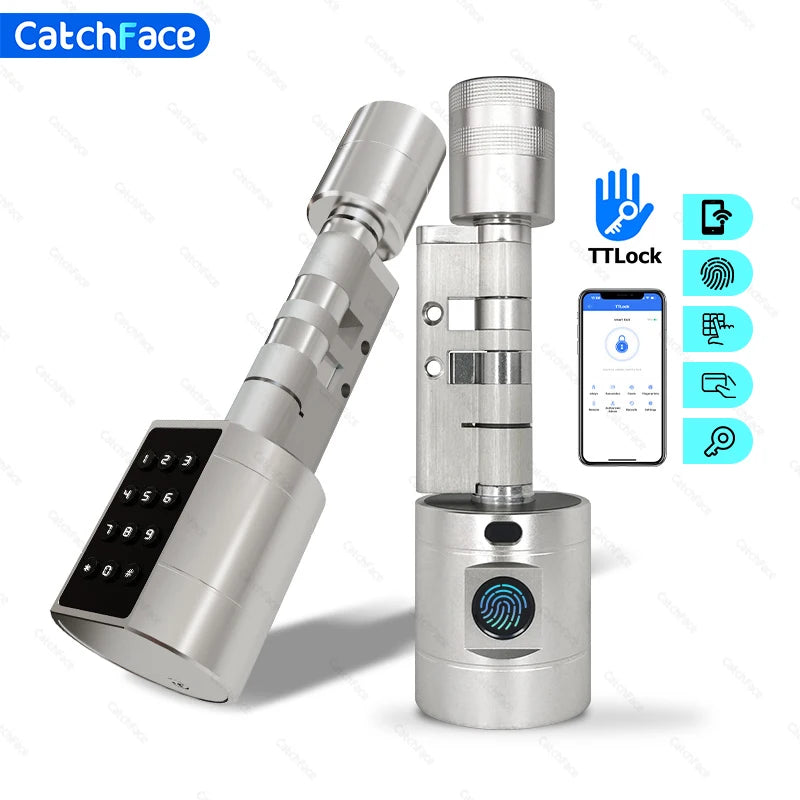 Catchfcae New Adjustable Replacement TTLock APP Fingerprint FRID Card Password Cylinder Electronic Smart Door Lock Digital