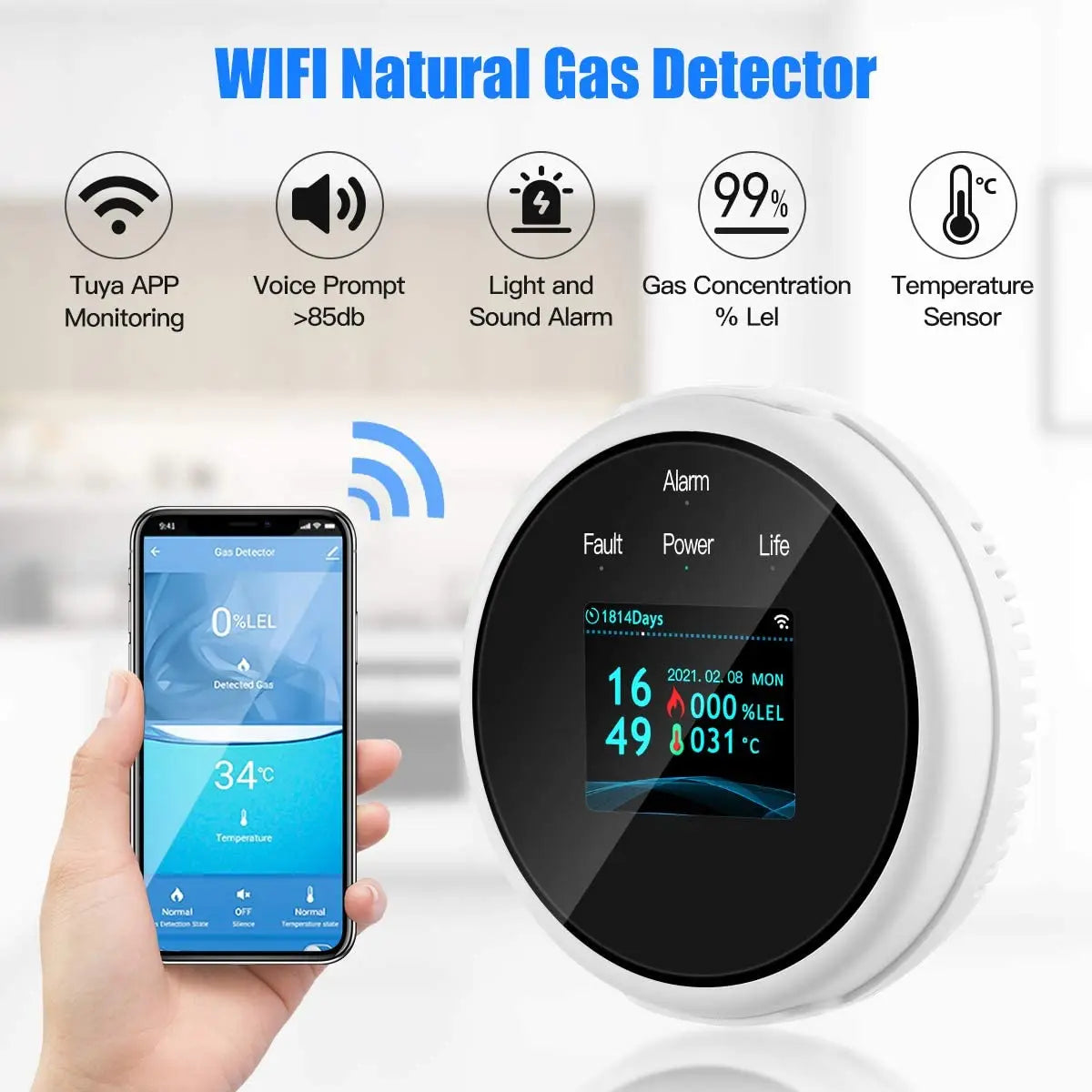 Tuya WiFi Natural Gas Leak Detector LPG Leakage Sensor Sound Alarm & 433MHz Remote Monitor Alarm Smart Home Support Google Alexa