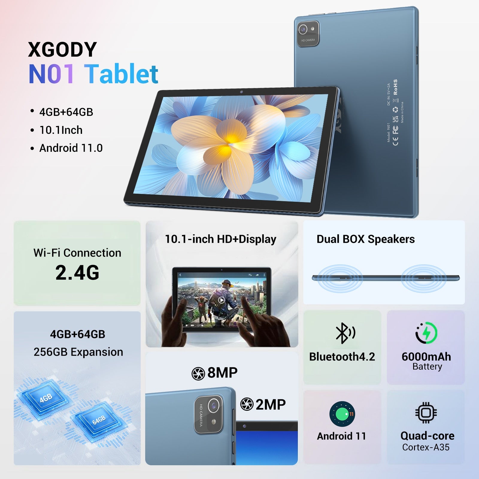 XGODY 10 Inch Tablet Android 4GB 64GB PC IPS Screen Ultra-thin 2.4G WiFi Bluetooth Type-C Tablets With Keyboard Gift For Kids