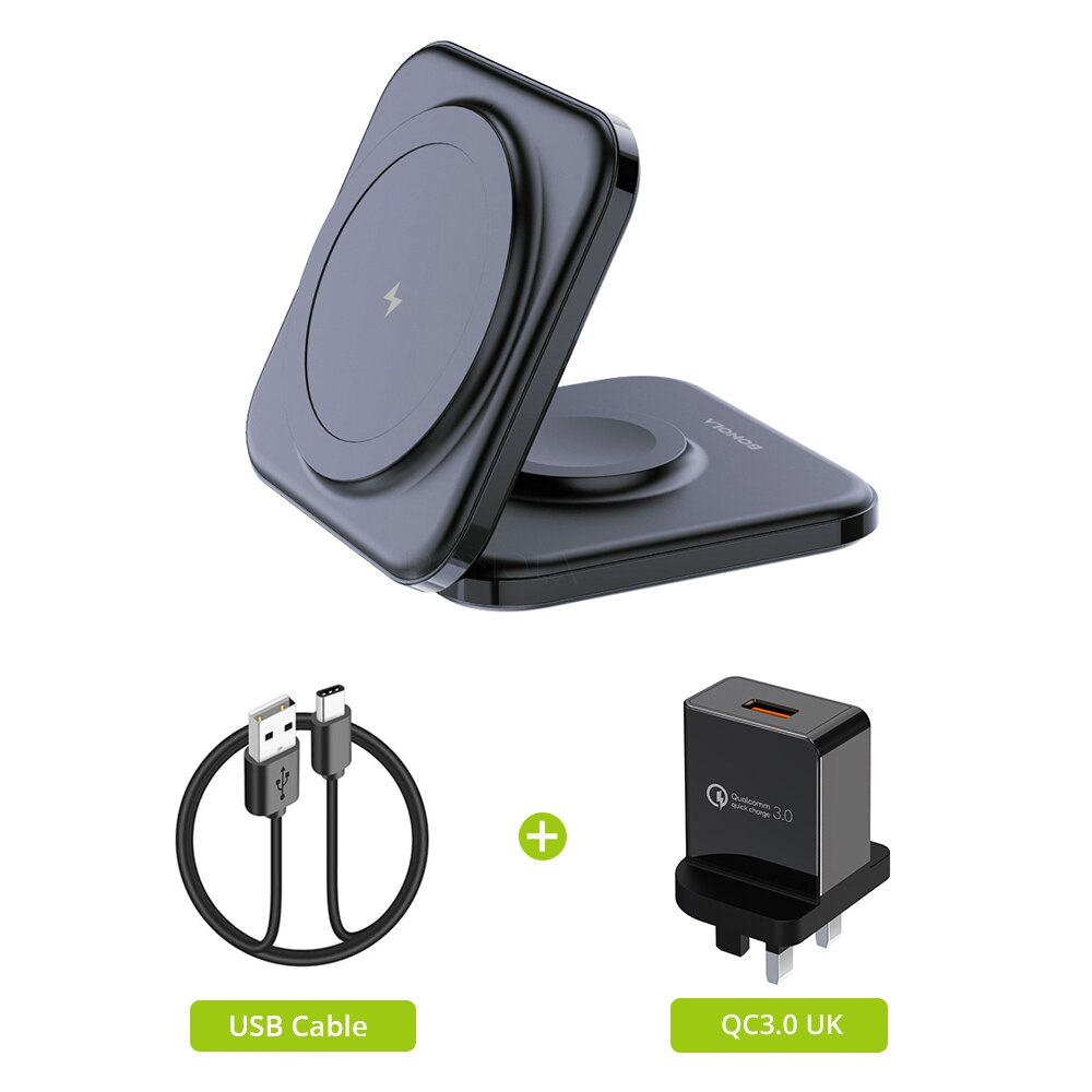 Bonola Magnetic Wireless Charger 2 in 1 Foldable Stand for iWatch Ultra/8/7/6 15W Fast Wireless Charging for iPhone 14 Pro/13/12