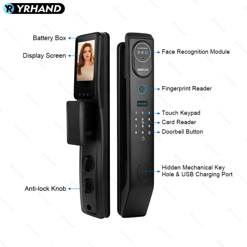 YRHAND V8 Tuya Wifi 3D Face Smart Door Lock Security Camera Intelligent Fingerprint Password Biometric Electronic Key Unlock