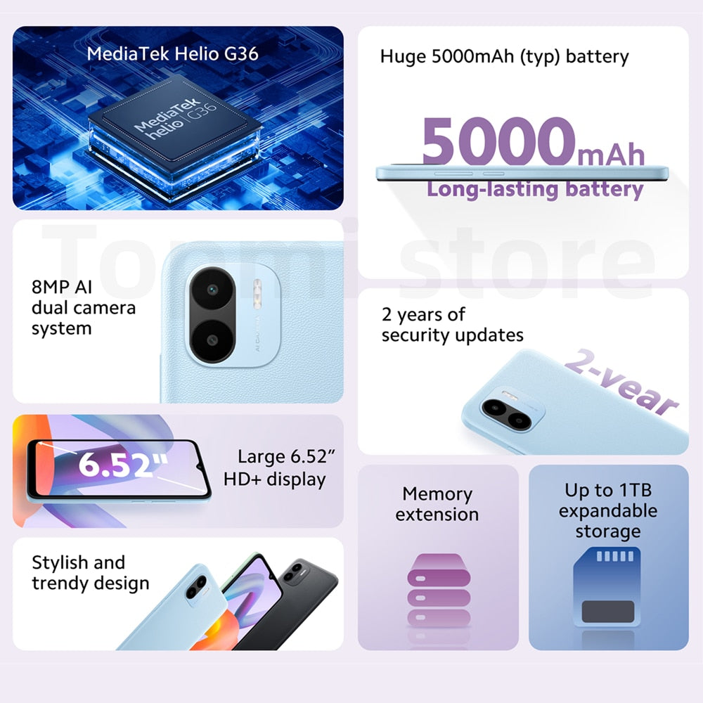 Xiaomi Redmi A2 Plus / A2 2GB 32GB Global Version MediaTek Helio G36 8MP Dual Camera 5000mAh Battery Memory Extension 6.52" HD
