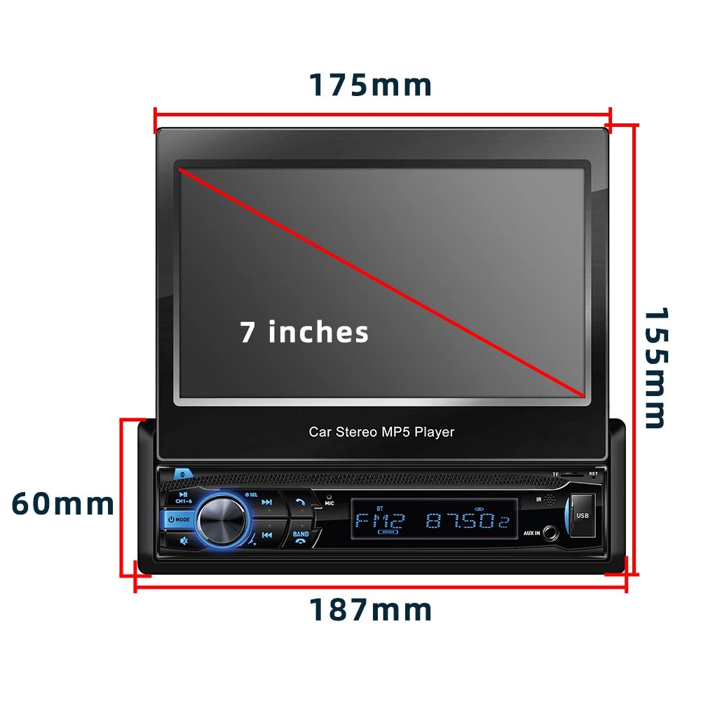 Grandnavi Universal 1Din Retractable Car Radio Stereo MP5 Player 7inch Touch Screen Mirrorlink SD FM USB Bluetooth AUX Audio