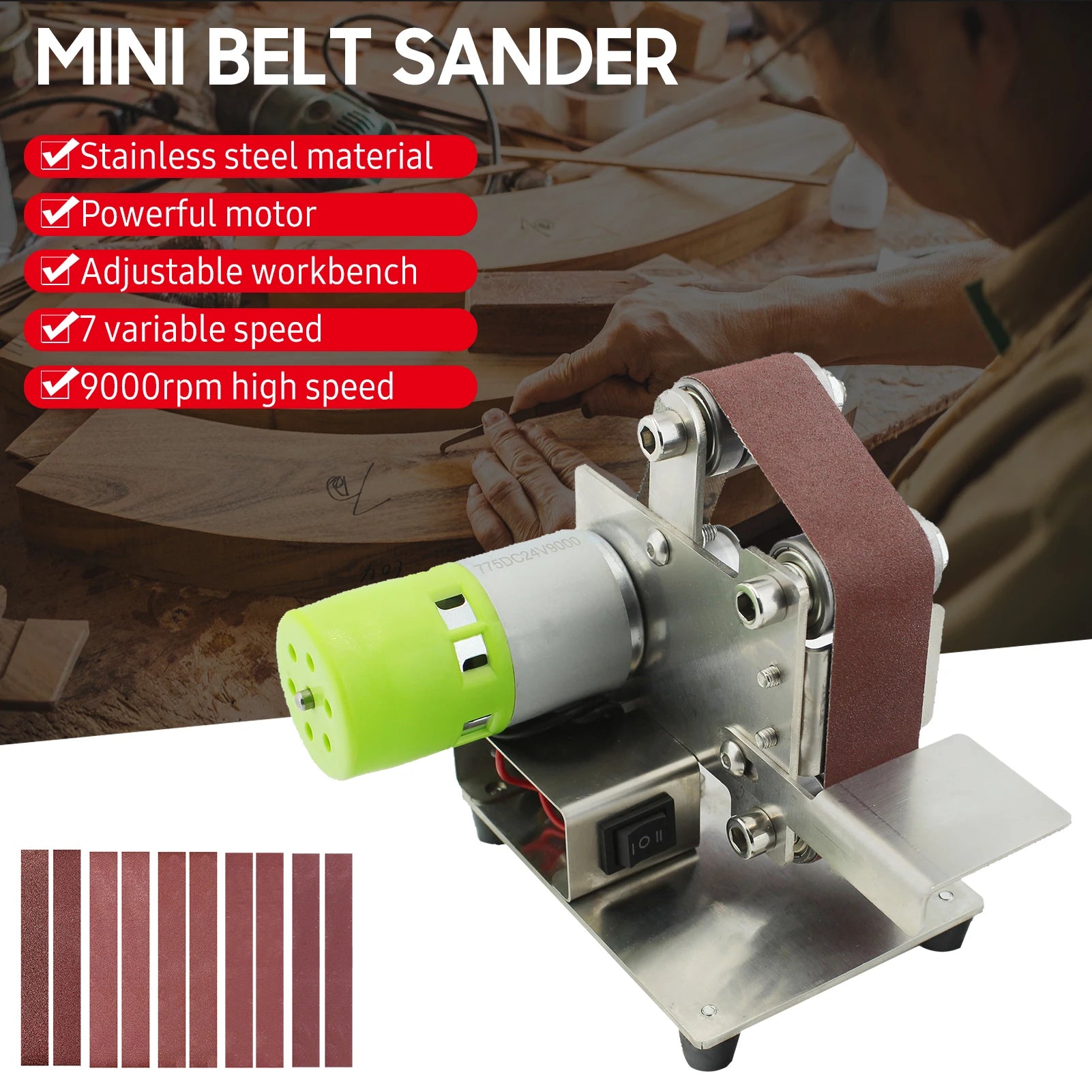 Mini Grinder 220V Electric Sanding Polishing Grinding Machine Belt Sander 7 Variable Speed for Polishing Wood Acrylic Metal