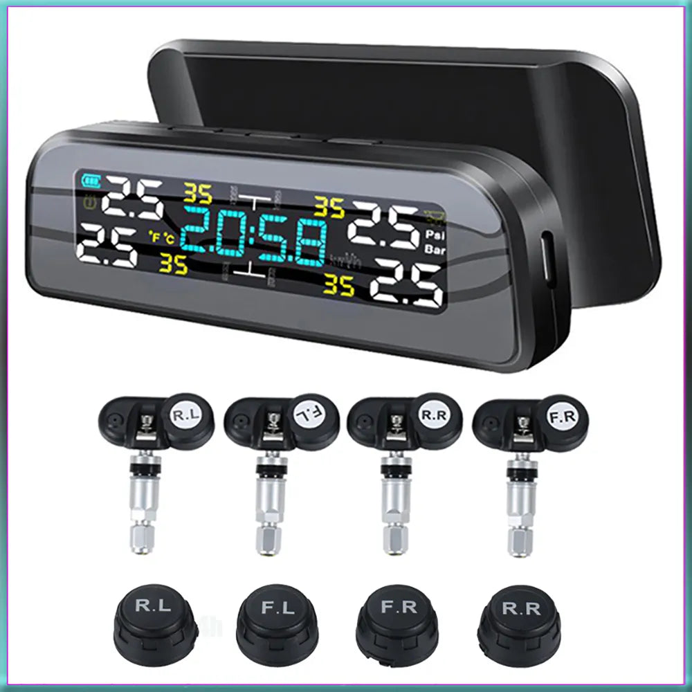 Universal Solar Power TPMS Car Tire Pressure Monitoring System Clock LCD Display TPMS Sensor Auto Security Alarm Systems