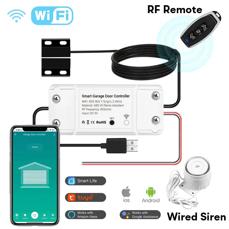 Tuya WiFi Smart Garage Door Opener Controller Siren Horn Alarm RF 433 Remote APP Control Works with Alexa Google Home Siri