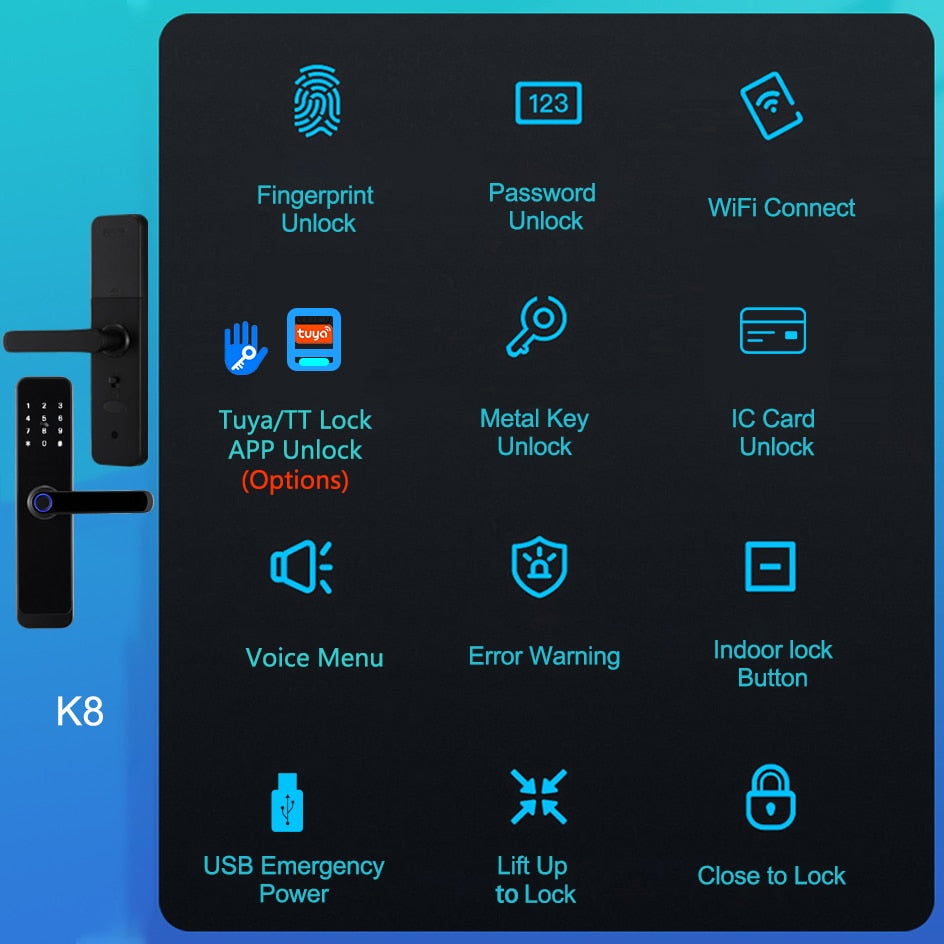 2023 NEW RAYKUBE K8 Tuya Wifi Smart Door Lock TT Lock Fingerprint Lock Digital Electric Lock With Longer Larger Handle Panels