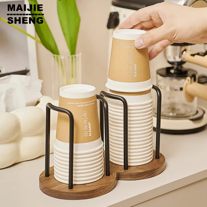 Disposable Cup Storage Holder Rack Shelf Water Tea Cups Wood Dispenser with Longer Stick Mug Display Stand Organizer Supplies