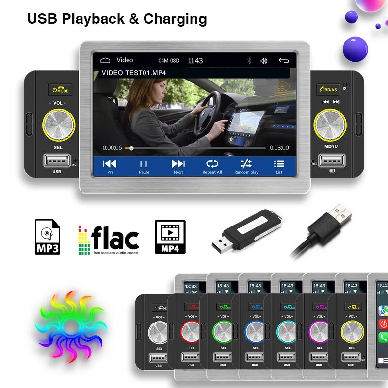 1 Din Wireless CarPlay Car Radio Bluetooth MP5 Player Android-Auto Handsfree A2DP USB RDS FM AM 5" Audio System Head Unit F158W