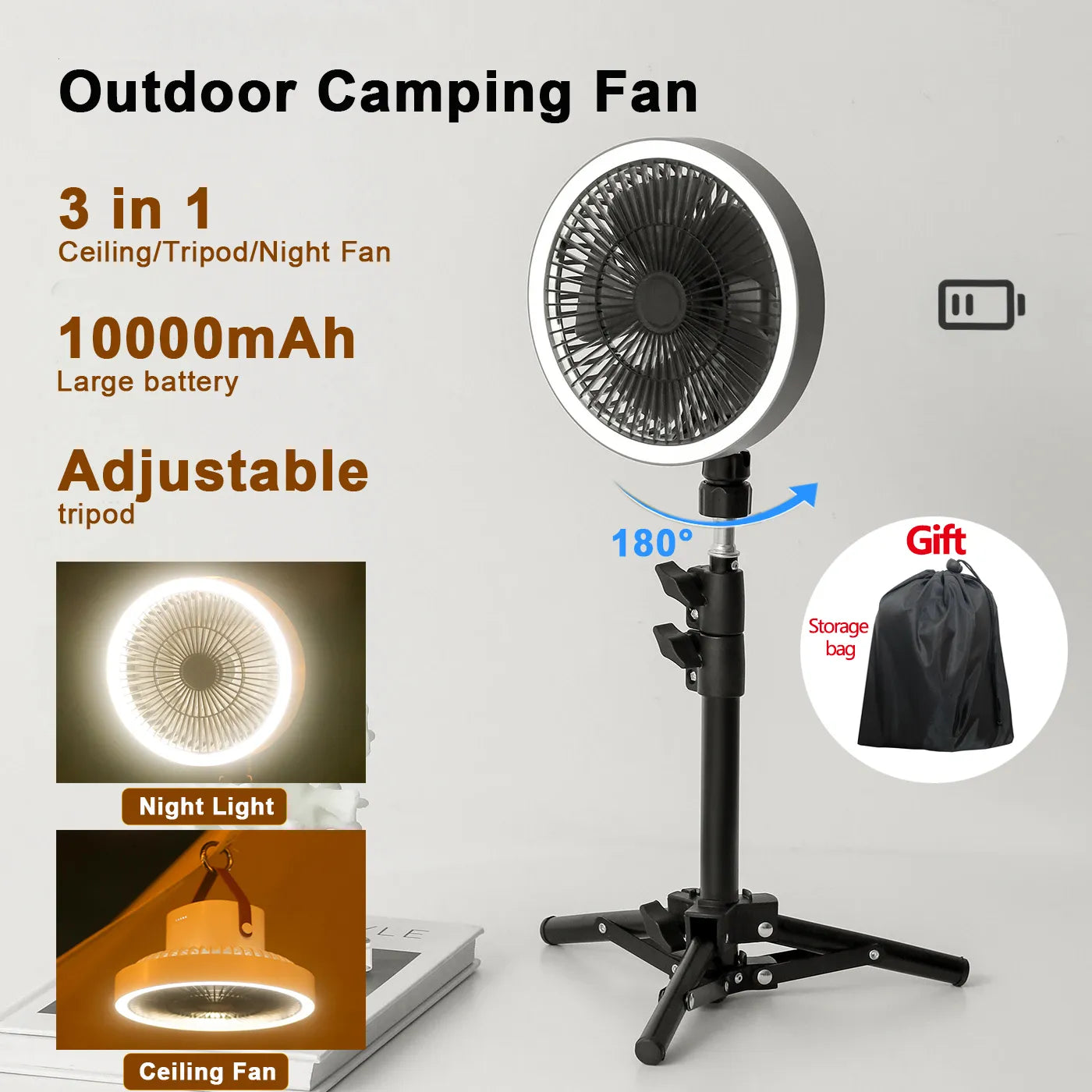 10000mAh Rechargeable Portable Fan Ventilador Usb Auto Rotation Standing Fans Stand Cooler Desk Ceiling for Outdoor Camping