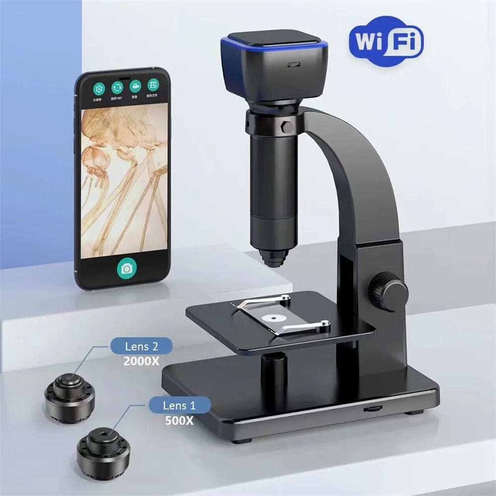 Professional 2000X 5MP HD Digital Wifi Microscope USB Microscopes for Electronics Soldering with Dual Lens for Android IOS PC