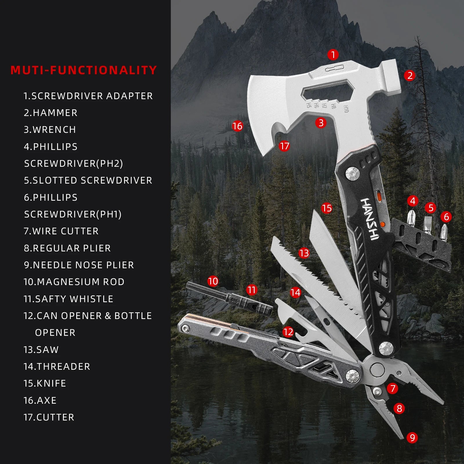 HANSHI 17 in 1 Pocket Multitool Axe with Sheath YG10 Replaceable Wire Cutter Multi Function Tool with Plier Hatchet Hammer Knife