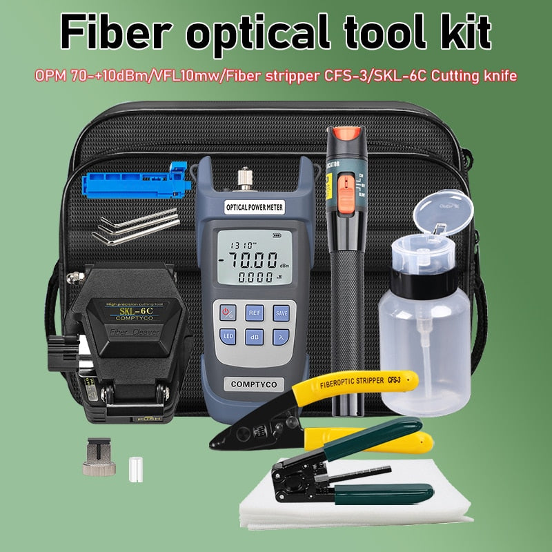 Newest FTTH Fiber Tool Kit With 10mw Fiber Optica Power Meter 10mw VFL AUA-7S Cleaver VCFS-3 Three-port Fiber Stripper Tool Kit