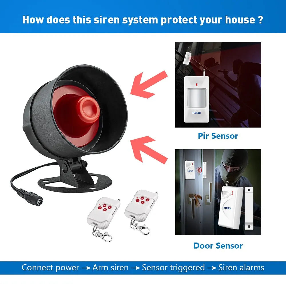 KERUI Security Alarm System Kit 110dB Wireless Loud Indoor/Outdoor Weatherproof Siren Horn with Remote Control and Door Contact