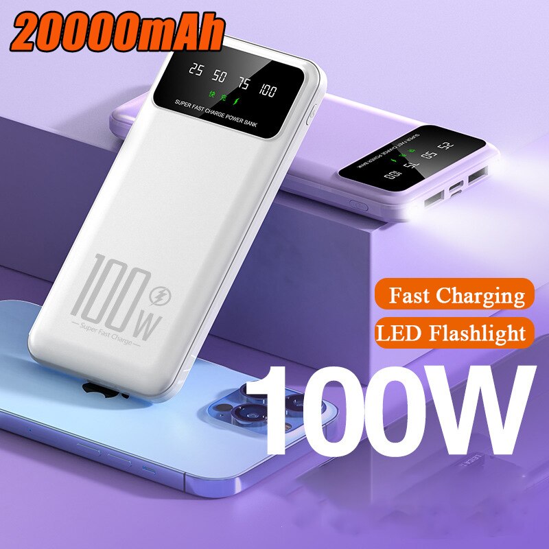 100W Super Fast Charging Power Bank 20000mAh Portable Charger External Battery Pack Powerbank for iPhone Xiaomi Huawei Samsung