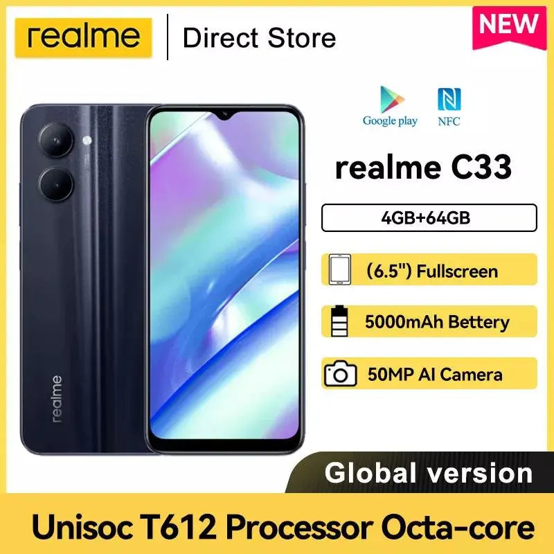 realme C33 Smartphone Powerful Octa-core Unisoc T612 Processor 6.5'' Display 5000mAh Battery 50MP AI Triple Camera Cellphone