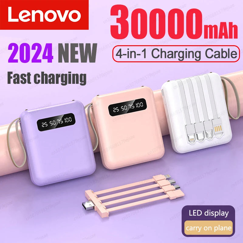 Lenovo 4-in-1 Power Bank 30000mah Mini Fast Charging With 4 Cable Mobile External Battery Charger For Iphone Samsung Xiaomi