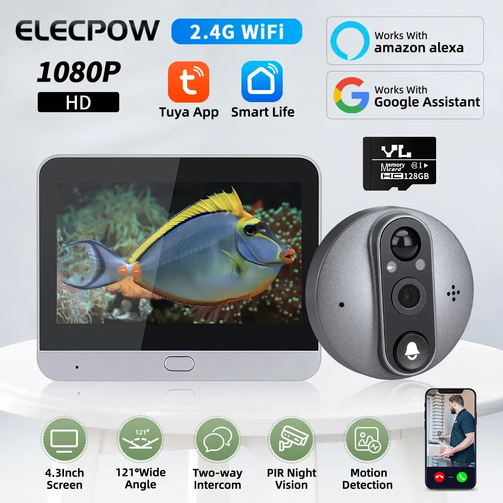 Elecpow Smart Tuya 1080P WiFi Video Doorbell Eye Peephole Camera 4.3Inch PIR Motion Detection Alexa Google Digital Door Viewer