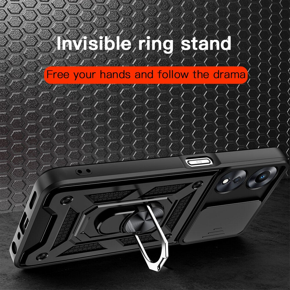 KEYSION Shockproof Armor Case for OPPO A78 5G Slide Camera Lens Protection Ring Stand Phone Back Cover for OPPO A58 5G A58X 5G