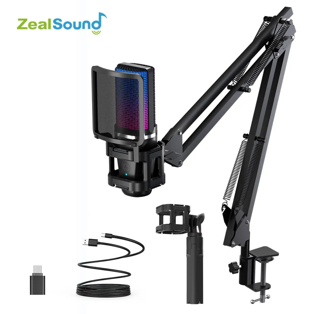 Zealsound RGB Recording Microphone With Articulated Arm/USB Condenser Mic with Tripod For Gaming Podcasting Streaming Youtube