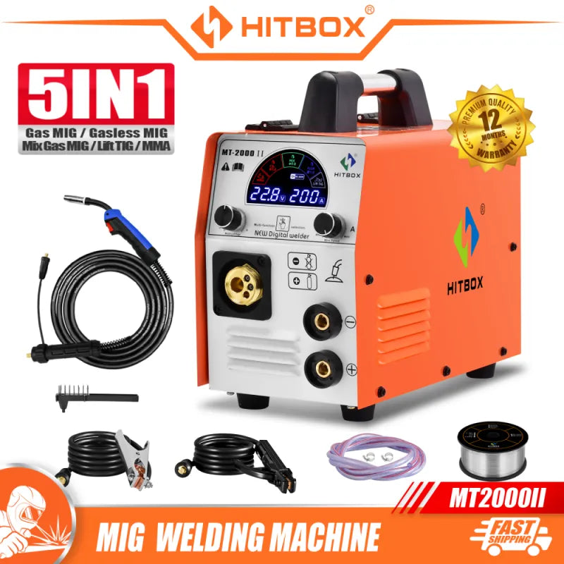 HITBOX 5 in 1 MT2000 Mig Semi-Automatic Welding Machine IGBT Inverter with Mig Gas/Mig Gasless /Mig Mixed /MMA /TIG Tools Welder