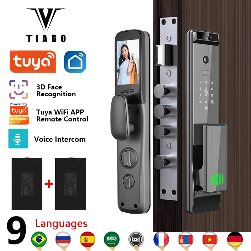 TIAGO WiFi Tuya APP Arabic/English/Russian/Portuguese Voice Digital 3D Face Recognition Fingerprint Smart Door Lock With Camera