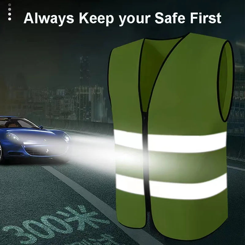 High Visibility Safety Vest with Reflective Strips with Zipper Front, High Visibility and Safety, Breathable Polyester Material