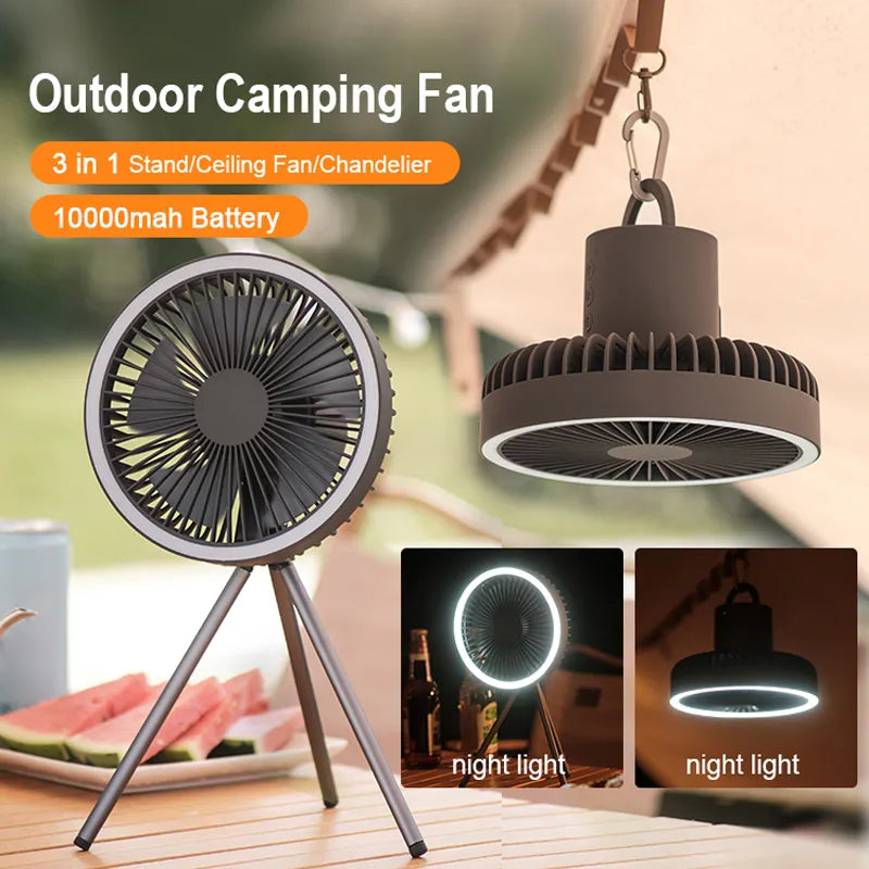 10000mAh USB Tripod Camping Fan With Power Bank Light Rechargeable Desktop Portable Circulator Wireless Ceiling Electric Fan
