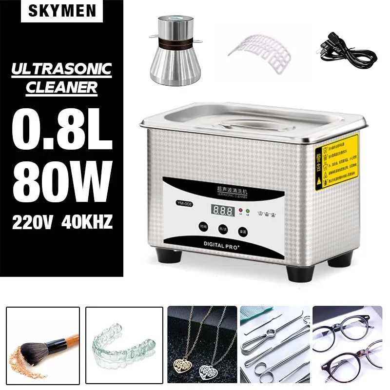 50W/80W Ultrasonic Cleaner 800ml Ultrasound Cleaner Silver Jewelry Ring Glasses Watches Dentures Ultrasonic Cleaning Device