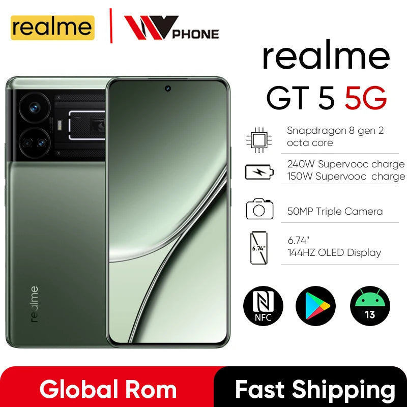 Unlocked Global ROM realme GT5 5G Smartphone Snapdragon 8 Gen 2 50MP 6.74'' 144Hz OLED GPS NFC Global ROM realme GT 5 celular