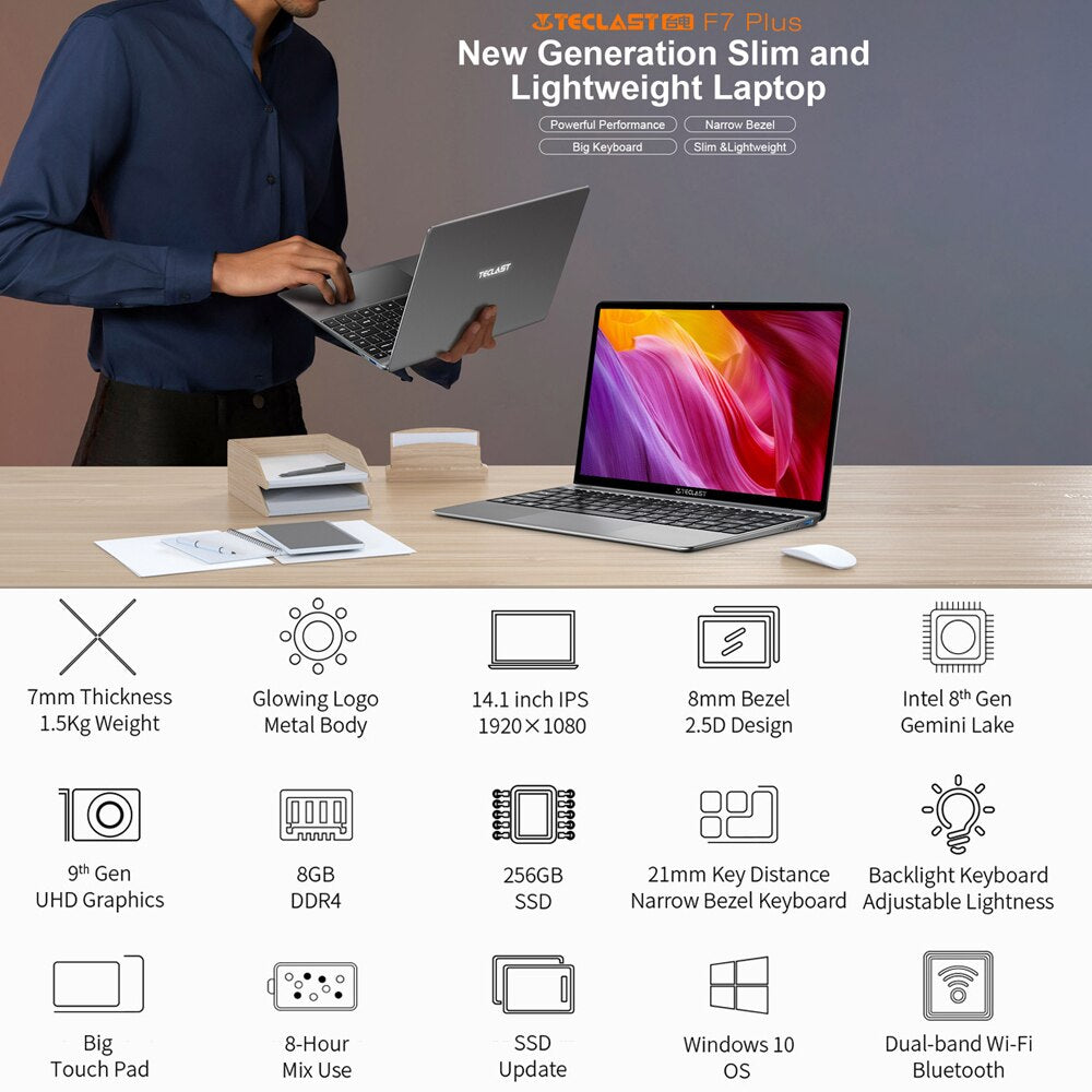 Teclast F7 Plus 2 Laptop 14 inch Int el Gemini Lake N4120 Quad Core 1920 x 1080 8GB RAM 256GB SSD Win 10 Notebook