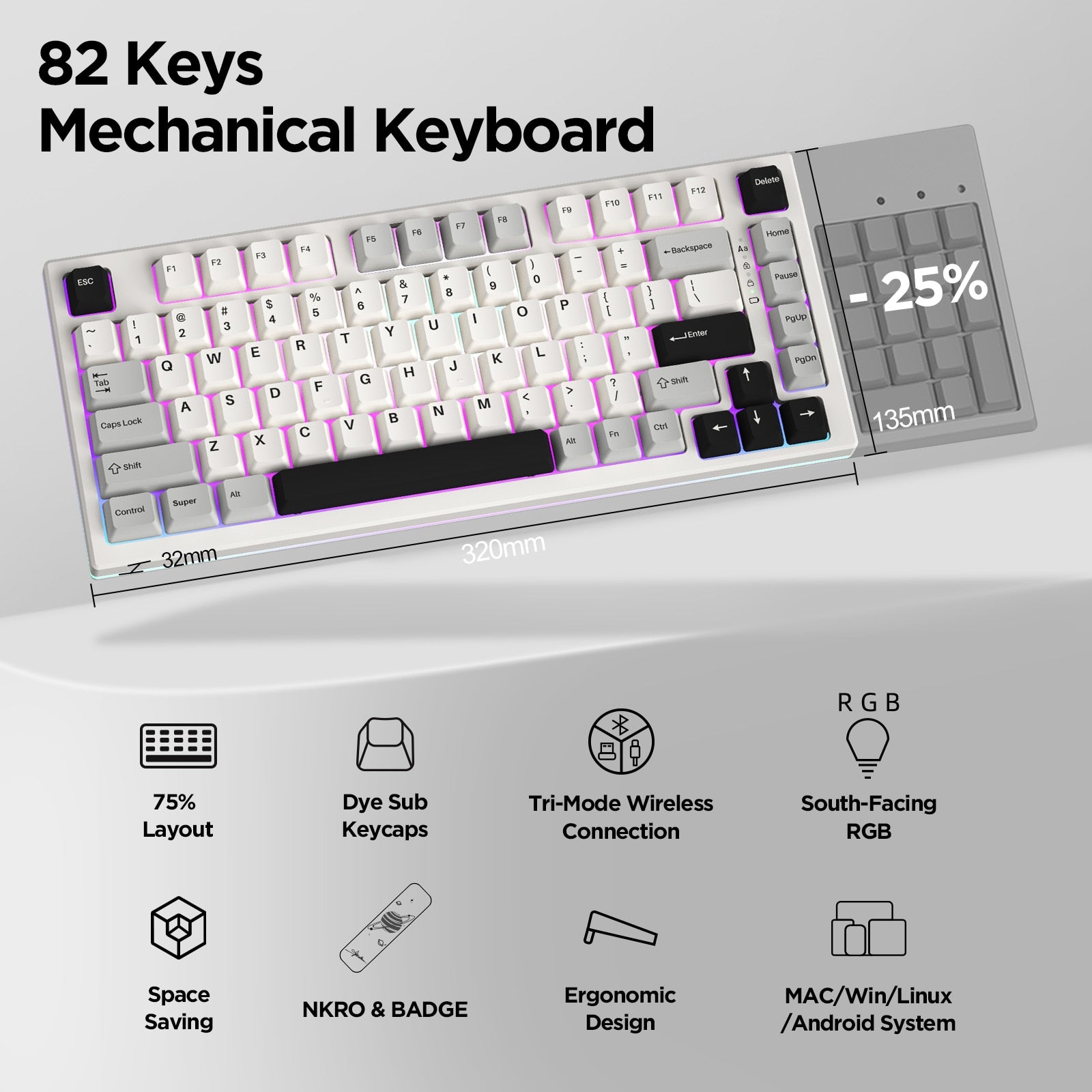 YUNZII YZ75 White 75% Hot Swappable Wireless Gaming Mechanical Keyboard, RGB Backlights, BT5.0/2.4G/USB-C, for Linux/Win/Mac