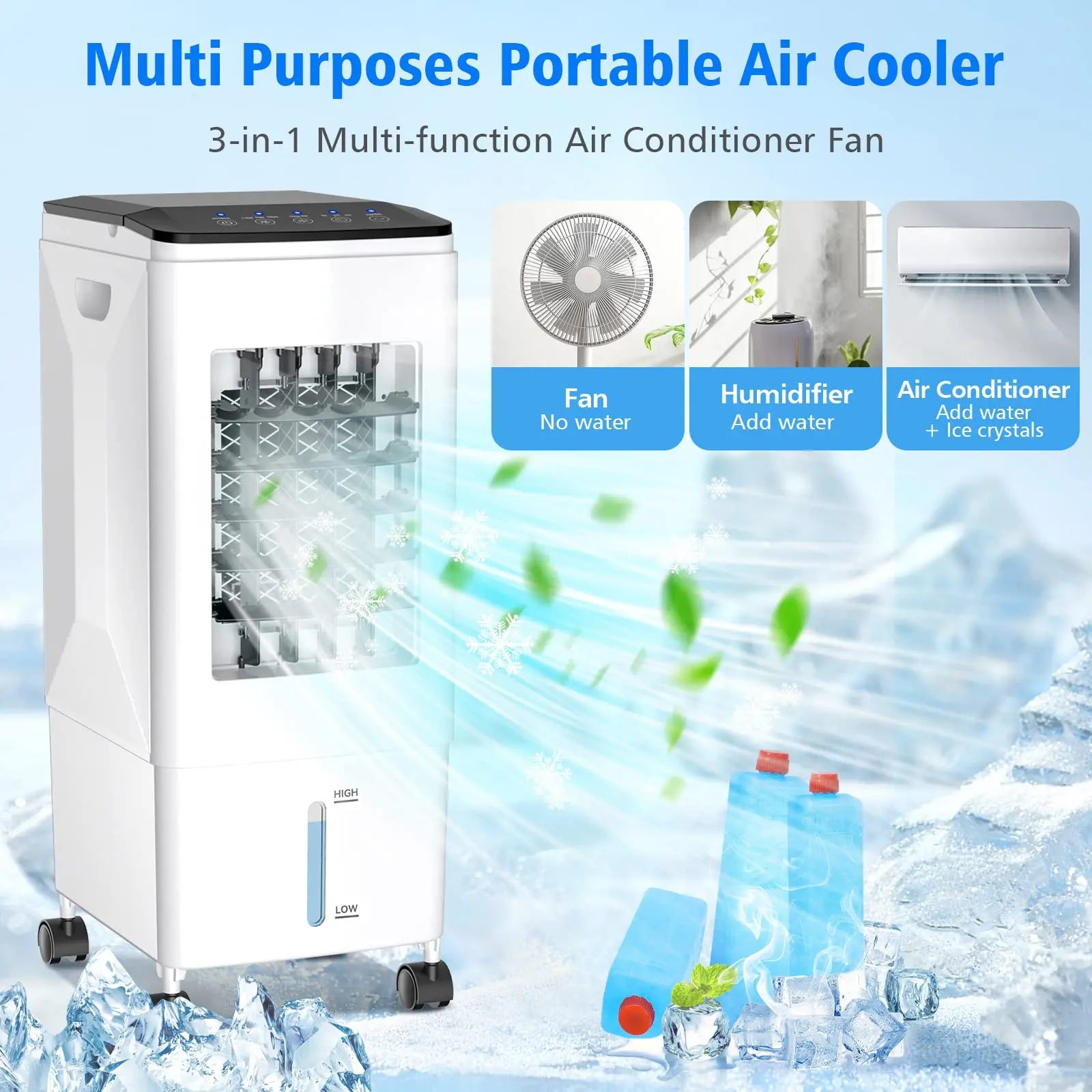Evaporative air cooler 3-in-1 portable air conditioner with remote control 3-speed 60 °oscillation 1-7 hour timer 5.5-liter Tank