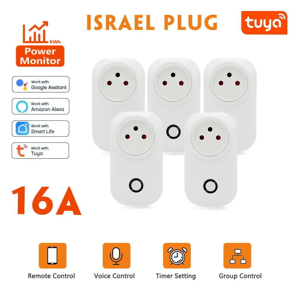 Tuya Smart Socket IsraeL Plug 16A Power Monitor Wifi Light Switch Smart Life Remote Control Outlet For Alexa, Google Assistant