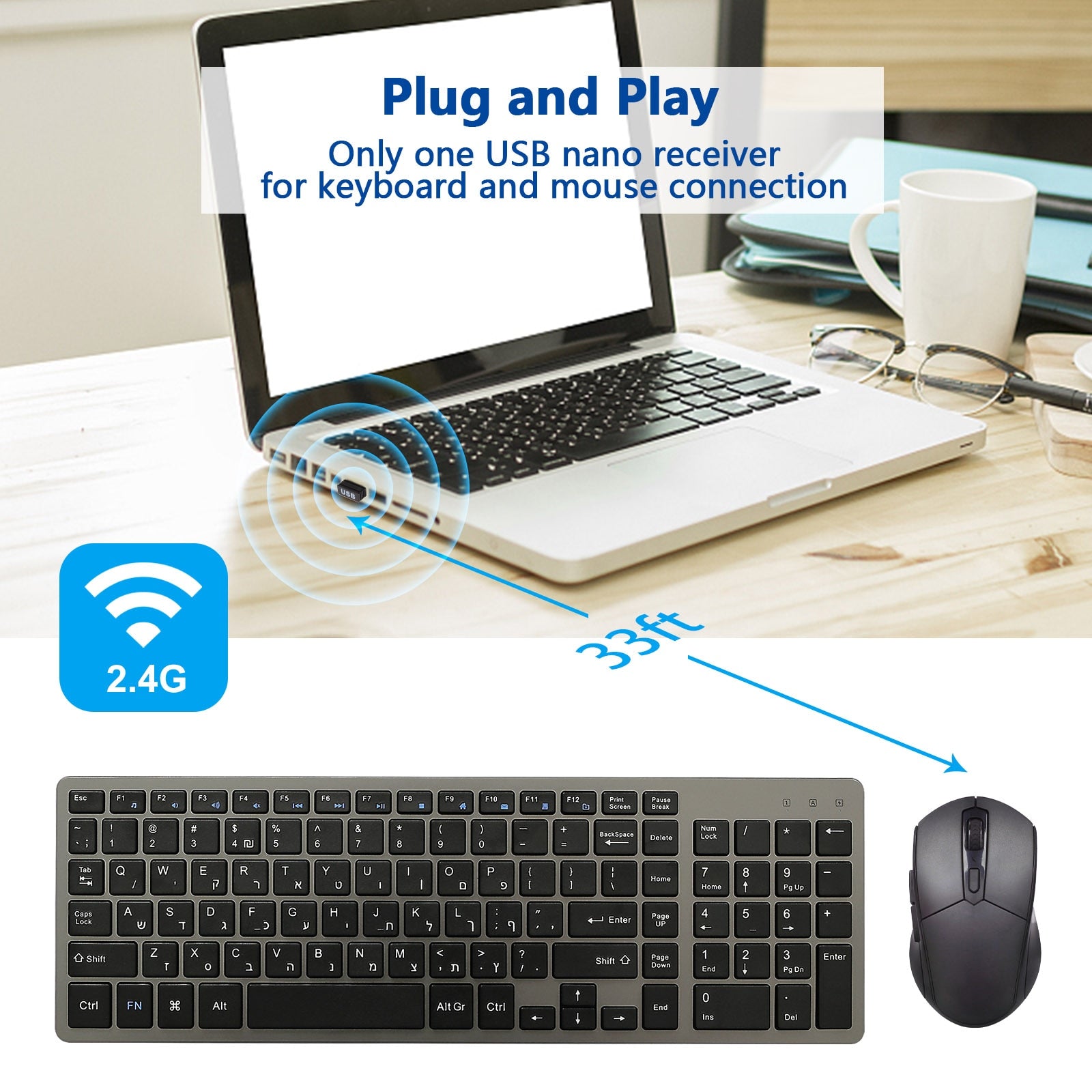 Rechargeable Keyboard and Mouse Combo Russian Hebrew Wireless Compact Slim Silent Keyboard Mouse Set for Laptop PC Computer