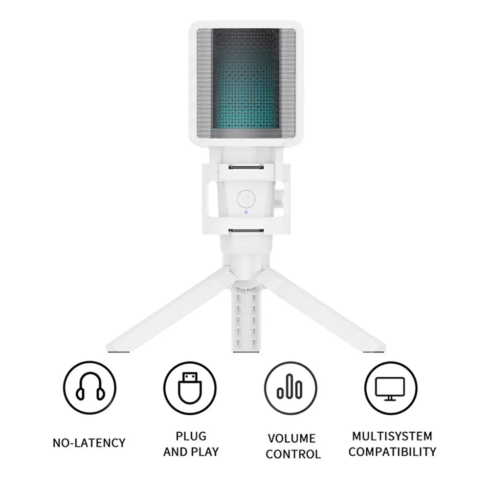 Zealsound USB Condenser Recording Microphone White RGB Streaming Mic For PC And Mac with Android Phone Adapter Headphone Output