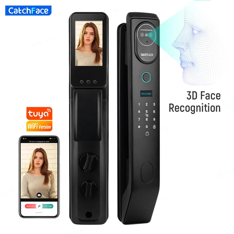 Facial Recognition Automatic Door Lock TUYA Front Door Fingerprint Smart Lock Digit Camera Visible Inner Screen