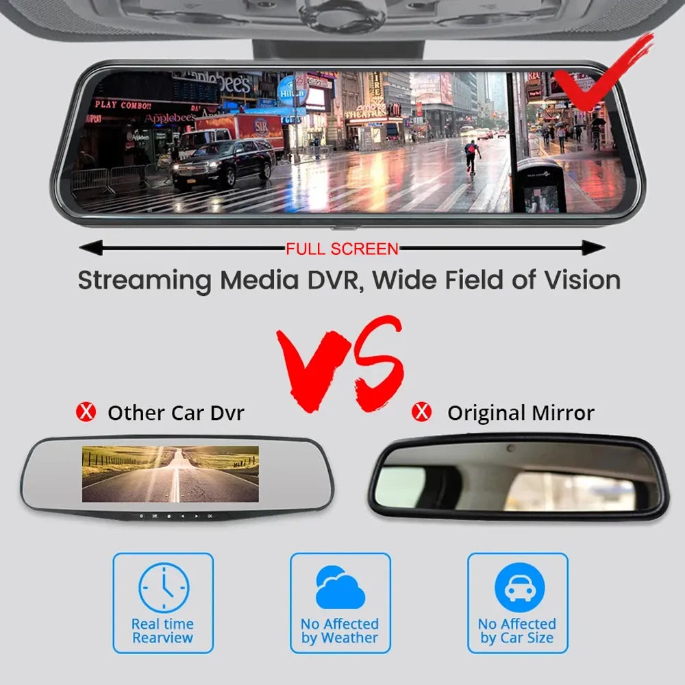 24H Surveillance Dash Cam For Car 10'' Dash Camera Video Recorder Rearview Mirror Dash Camera Front and Rear Camera Car Blackbox