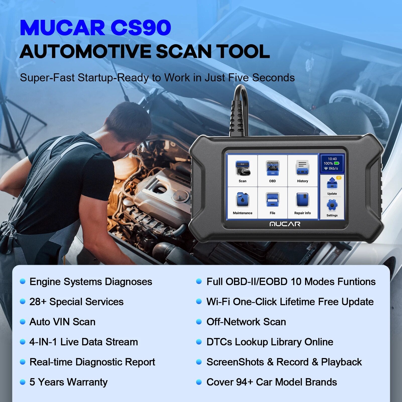 MUCAR CS90 OBD2 Scanner Car Diagnostic Tools Automotivo OBD Scanner Auto Diagnosis Tool Code Reader 28 Resets Lifetime Free