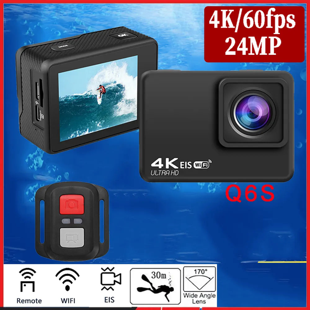 Q6S Action Camera Ultra HD 4K/60fps 24MP WiFi 2" IPS170D Underwater 30M Helmet Vedio Go Sport Pro Anti-Shake With Sony 386 Lens