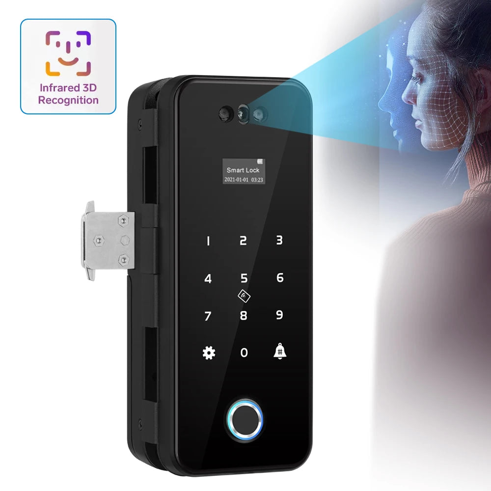3D Face Recognition Smart Lock Infrared Sensor Tuya APP WIFI Biometric Electronic Fingerprint Unlock Glass Door Lock Wooden Door