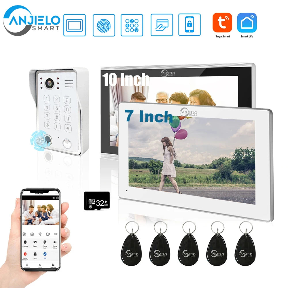 Touch Screen 1080p Video Intercom for Home Apartment Security Doorbell 5in1 IC Fingerprint Password Wifi Tuya 7/10 Inch Monitor